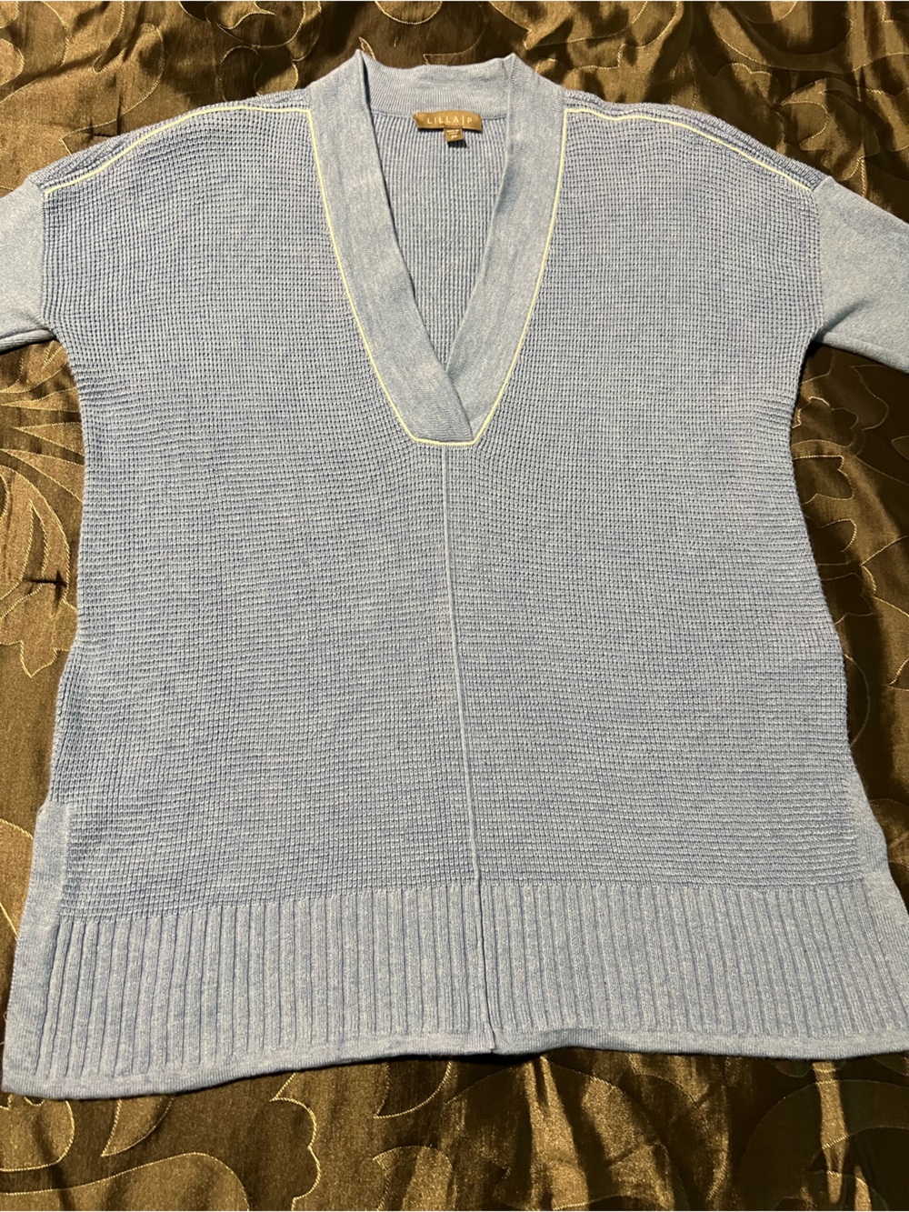 Lilla P Light Blue VNeck Waffle Knit Lightweight Sweater 3/4 Sleeve Soft Cozy XS